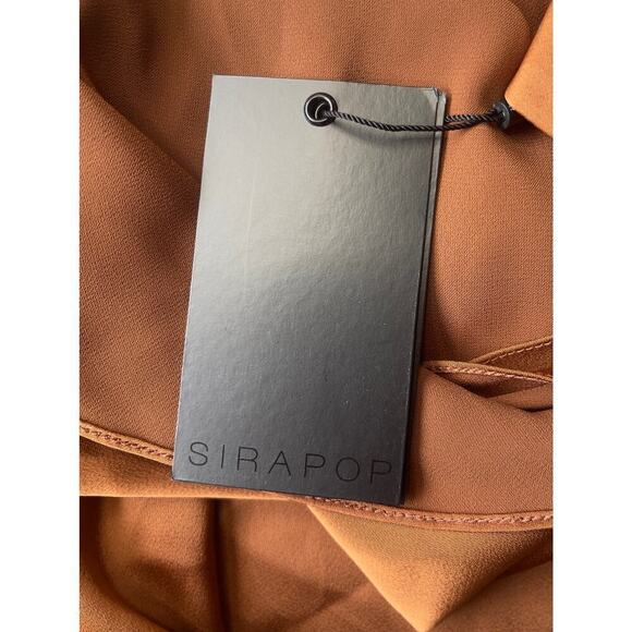 Sirapop Sara Satin Asymmetric Side-Drape Midi Dress in Camel NWTI – Size Small - Picture 7 of 17